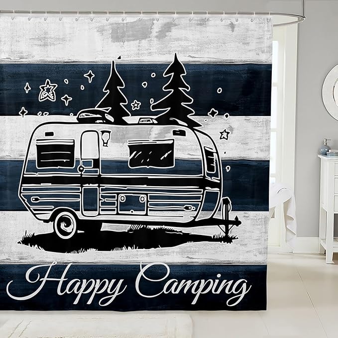 Feelyou Camper Shower Curtain Happy Camping Fabric Shower Curtain for Kids Boys Girls Rv Camping Bathroom Waterproof Accessories with 12 Hooks Camper Accessories Travel Trailers Curtains,72x78 Inches