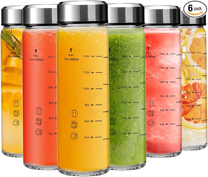 16oz Glass Juice Bottles - 6 Pack Wide Mouth Glass Bottles with Lids- BPA Free, Stainless Steel Lids for Juicing, Smoothies, Infused Water, Beverage Storage - Leakproof, Borosilicate, Clear