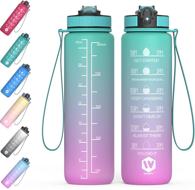 32 oz Water Bottle with Time Marker- Leak-Proof & BPA Free Reusable Gym Water Bottle - Easy to Carry Motivational Water Bottle for Fitness, Sports, Outdoor, (Mermaid with covered lid)