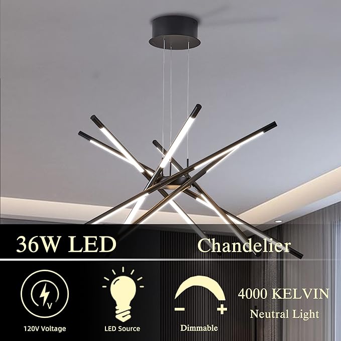 Kinglong Modern Led Ceiling Light Dimmable Black Chandelier Embedded Installation Fixture,Sputnik Pendant Light Pluggable New Art Lamp for Kitchen,Living Room Decoration Easy to Install(12 Heads)