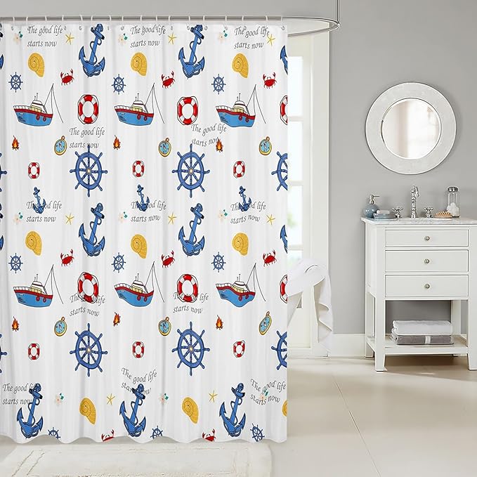 Feelyou Anchor Decor Shower Curtain 72"x84" Kids Sailboat Printed Bathroom Shower Curtain Set for Boys Girls Teens Nautical Compass Print Bath Curtain Ocean Marine Themed Bathroom Accessories