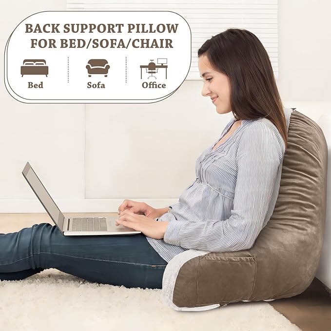 LOVTEX Reading Pillow with Removable Cover, Back Pillow for Sitting Up in Bed with Arms and Pockets, Sherpa Bed Rest Pillow Adult, 20 x 15 Inches(Brown and White)