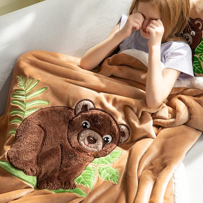 COSUSKET Kids Brown Bear Throw Blanket, 3D Animal Embroidery Sherpa Blanket Girls Boys Gifts