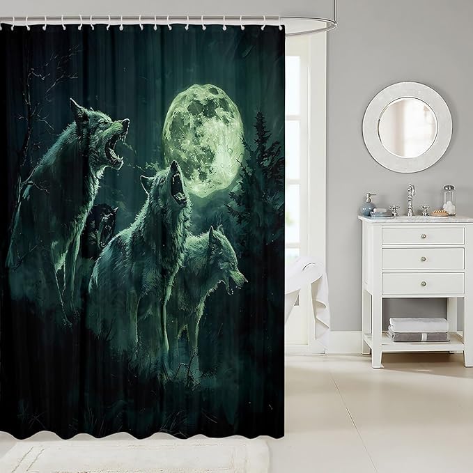 Feelyou Wolf Bath Curtain Wolves Howling Shower Curtain for Boys Girls Green woles Bathroom Shower Curtain Set Animal Wolves Kids Bathroom Accessories 72"x78"