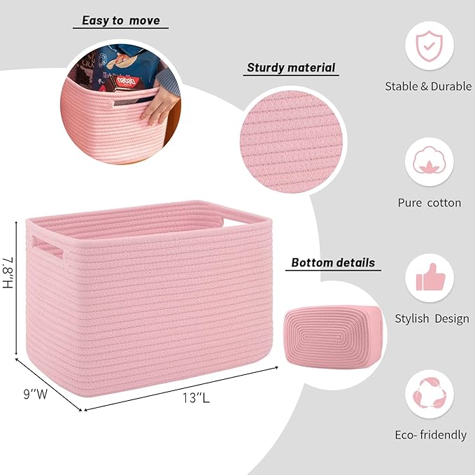 4 Pack Storage Baskets for Organizing Toys, Towels, and Clothes, Woven Basket for Shelves, Sturdy Nursery Cube Bins for Storage, 13''L x9''W x7.8''H, Pink