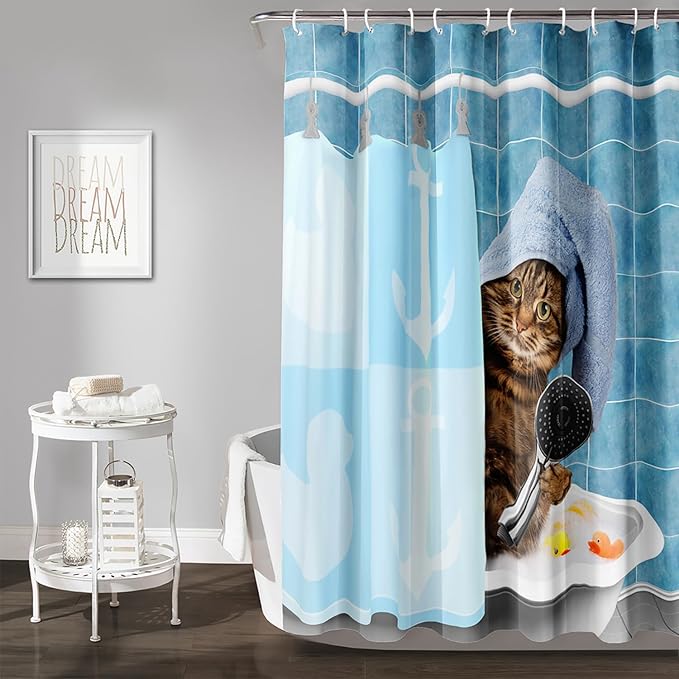 AILONEN Funny Cat Shower Curtain for Kids 72" W*78" H Inch,Cute Kitten Taking Shower Bathroom Curtain,12 Pack Hooks Polyester Waterproof Fabric Decor for Bathroom,Blue