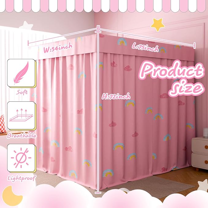 Hvqic Pink Canopy Bed Curtains - 4 Corner Post Bed Curtains Lightproof Princess Bed Canopy for Girls Rainbow Canopy Bed Curtains for Kids Room Decor(Full,Pink-Cloud)