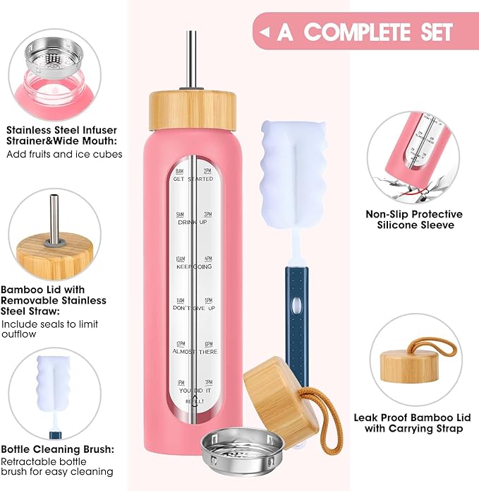32 oz Glass Water Bottles with Straw - Motivational Glass Water Bottle with Time Marker & Silicone Sleeve - Reusable Glass Tumbler Includes 2 Bamboo Lids & Fruit Infuser - 1 Pack