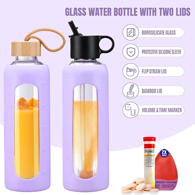 24oz Glass Water Bottle With 2 Lids-Flip Straw Lid, Bamboo Lid, Glass Water Bottle With Silicone Sleeve, Motivational Time Marker, Glass Juice Bottle for Cold Drink,Purple