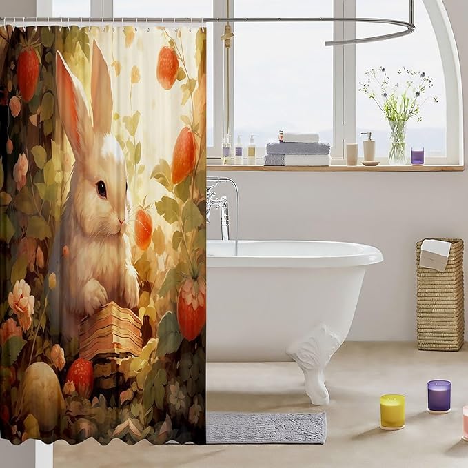 Feelyou Rabbit Fabric Shower Curtain Cute Cartoon Rabbit Shower Curtain for Teens Funny Bunny Bathroom Waterproof Accessories with 12 Hooks Kawaii Animal Curtains,72x78 Inches