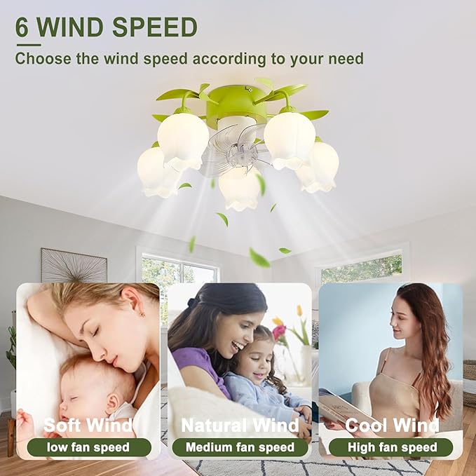 Flower Ceiling Fan with Light: Green Flower Fan Lights for Girls Bedroom - Flush Mount Fandelier for Living Room - 5-Light Modern Chandelier with Fan for Home Decor Enthusiasts