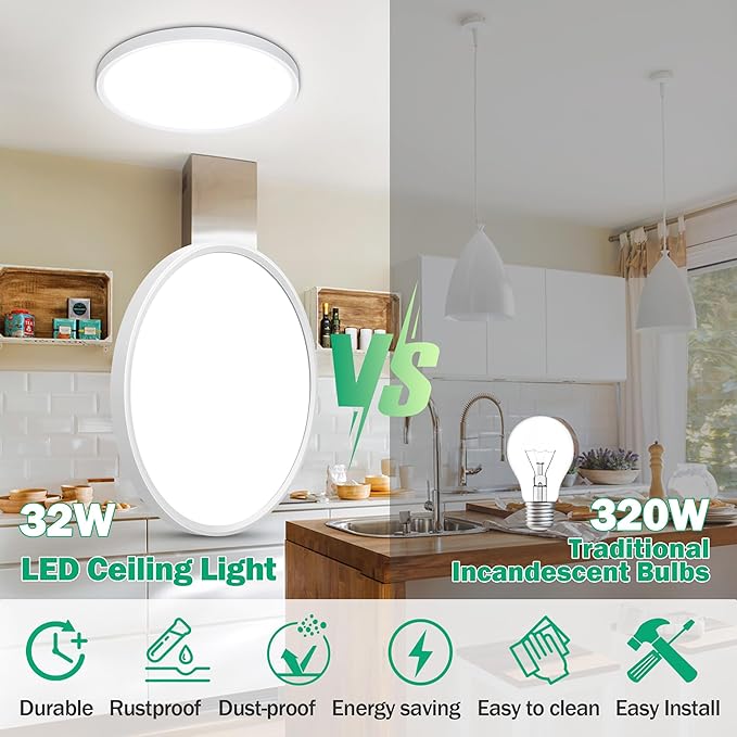 SunRider 4-Pack 16 Inch LED Flush Mount Ceiling Light, 3200LM, 5000K Daylight White, 32W Dimmable Modern Round Flat Ceiling Lights for Living Room