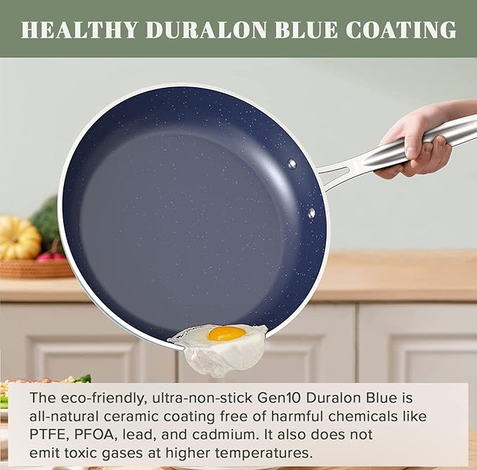 Nuwave 9pc Cookware Set Healthy Duralon Blue Ceramic Nonstick Coated, Diamond Infused Scratch-Resistant, PFAS Free, Oven Safe, Induction Ready & Evenly Heats, Tempered Glass Lids & Stay-Cool Handle