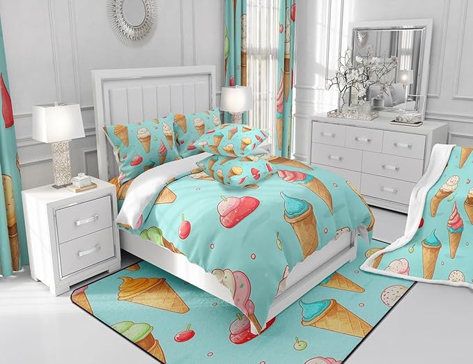 Feelyou Ice Cream Fabric Shower Curtain for Girls Boys Kids Blue Cartoon Bathroom Waterproof Accessories with 12 Hooks Cherry Shower Curtain Yummy Food Curtains,72x78 Inches