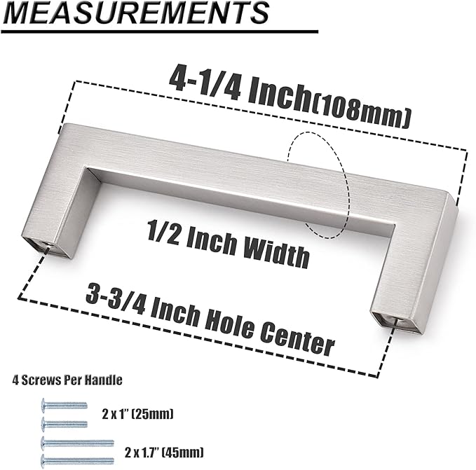 Probrico (10 Pack Kitchen Cabinet Handles 3-3/4" Holes Centers Stainless Steel Square Drawer Pulls Brushed Nickel 4-1/4" Overall Length