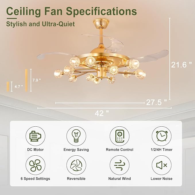 Sputnik Crystal Ceiling Fan Chandelier: 42" Gold Fandelier Ceiling Fans with 15 Lights and Remote Modern - Retractable Fandelier Ceiling Light for Living Dining Room Kitchen Bedroom