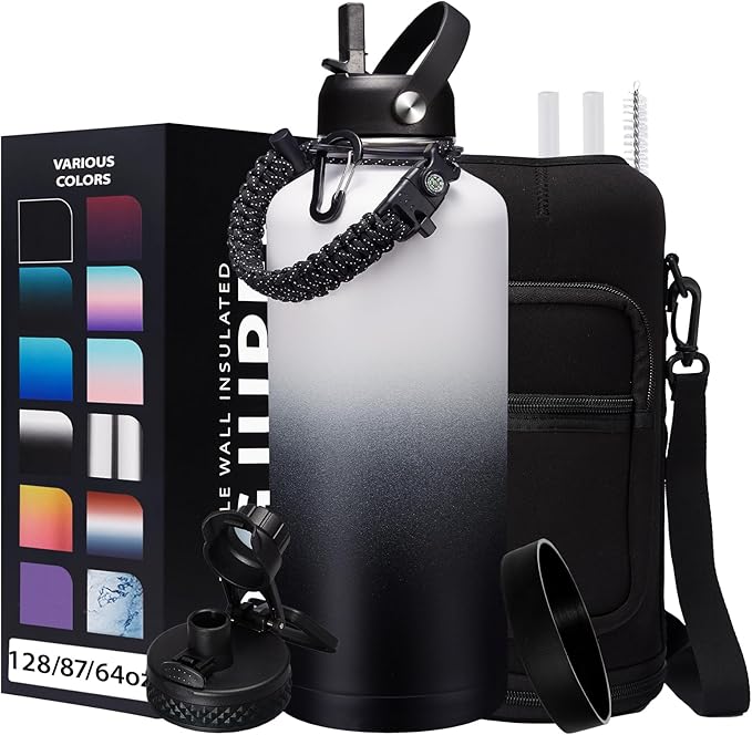 2/3 Gallon Water-Bottle with Straw & Spout Lids - 87oz Insulated Water Bottle Cold-48h Hot-24h, Men Women Stainless Steel Water Jug Travel Mug w/ Strap Carrier Bag, Paracord Handle, Protective Boot