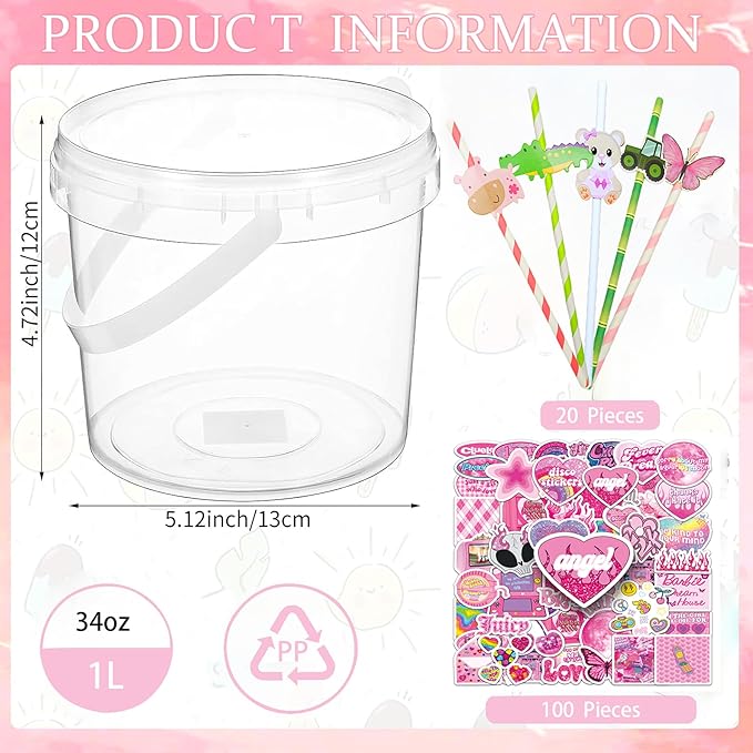 20 Pcs 34 oz Ice Cream Buckets with Lids and Handles Cocktail Rum Buckets for Drinks With 100 Pcs Pink Girl Stickers 20 Pcs Cute Straws Reusable Food Storage Containers for Party Summer Beach Supplies