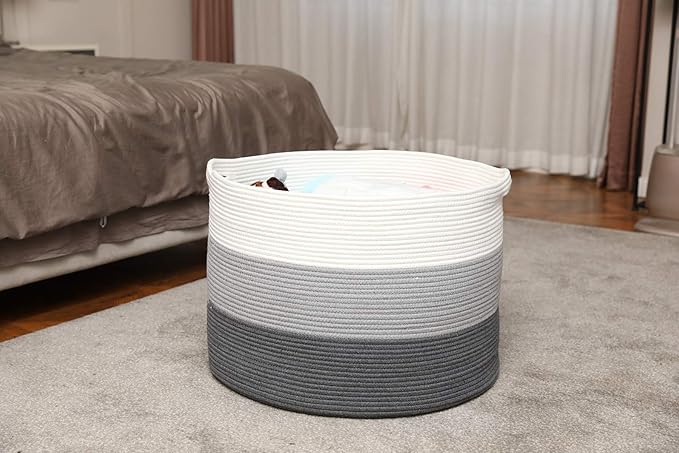 24" x 24" x 17" Max Size Large Cotton Rope Basket, Extra Large Storage Basket, Woven Laundry Hamper, Cloth Storage Bin, for Blankets Clothes Towels Pillows in Living Room, Grey/Dark Grey