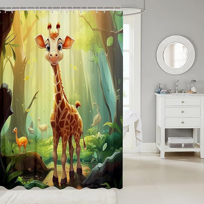 Feelyou Cute Giraffe Fabric Shower Curtain Cartoon Animal Shower Curtain for Teens Wildlife Bathroom Waterproof Accessories with 12 Hooks Wild Animal Curtains,72x84 Inches