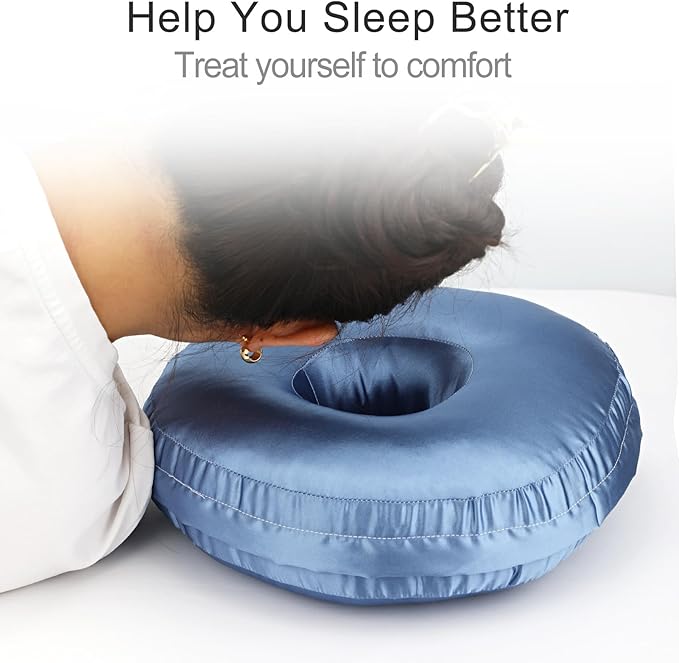 Silky Ear Piercing Pillows with Holes Removable Pillowcase Washable Donut Pillow for Ear Pain Side Sleeping Cartilage CNH Pressure Sore Tinnitus Headphones Relief Guard Protector HazeBlue