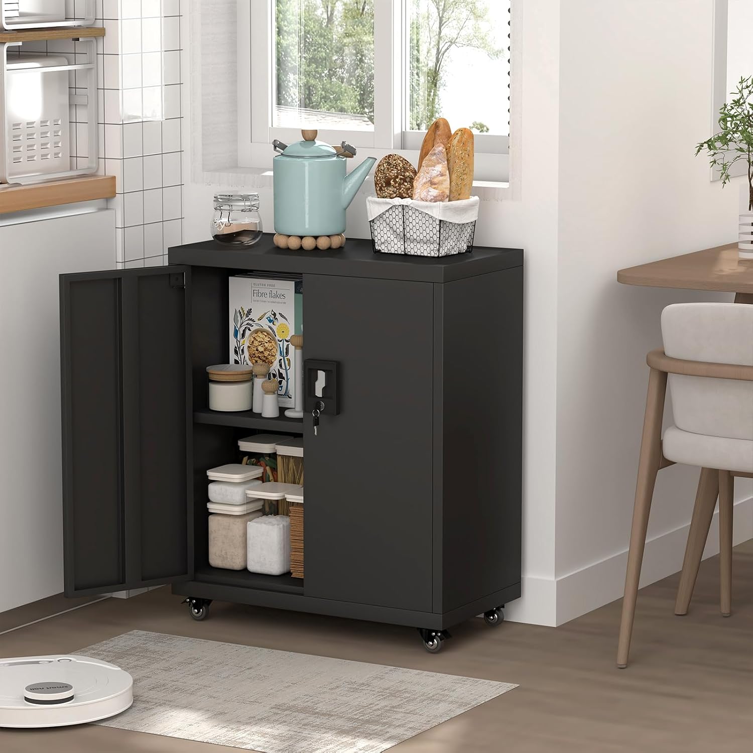 Metal Storage Cabinet with Wheels,Lockable Steel Rolling Storage Cabinet with 2 Doors for Garage,Home Office,Assembly Required,Black