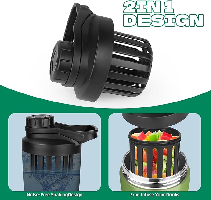 24 oz Shaker Bottle,Stainless Steel Shaker Bottle with Noise-Free Design,Insulated Metal Shakers Bottles Cup for Protein Mixes and Pre Workout,Gym Shaker Bottle(Green)