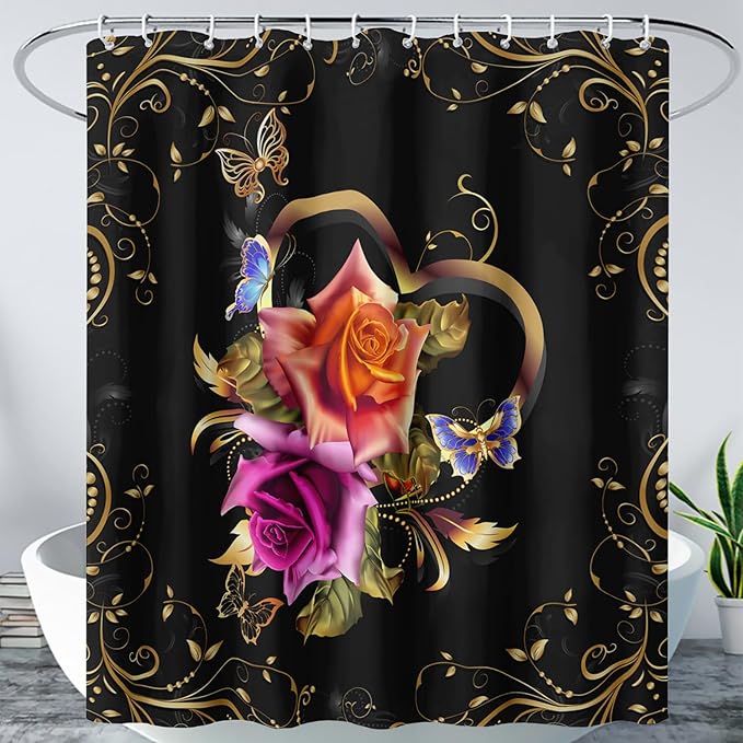 AILONEN Girls Rose Floral Shower Curtain 72" W*84" H for Bathroom, Gold Yellow Flower Butterfly Bathroom Curtain,Women Teen Girls Flower Bath Curtain Polyester Waterproof Bath Curtain with 12 Hooks