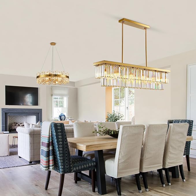 Siljoy 12-Light Modern Crystal Chandelier Gold Rectangular K9 Crystal Raindrop Chandelier, Luxury 2-Tiers Adjustable Ceiling Pendant Light Fixture for Dining Room Kitchen Island, L47'' x W10'' x H10''