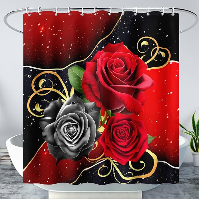 AILONEN Romantic Red Rose Flower Shower Curtain,Red and Black Floral Bath Curtain,Modern Flower Waterproof Curtain for Bathroom Decor, 60" W x 72" H