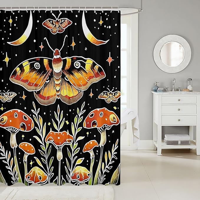 Feelyou Death Moth Shower Curtain Hippy Mushroom Fabric Shower Curtain for Kids Boys Girls Boho Moon Phase Bathroom Waterproof Accessories with 12 Hooks Bohemian Style Curtains,72x84 Inches