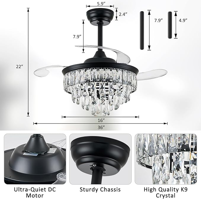 LEONTYNE 36" Modern Crystal Ceiling Fan with Lights and Remote Invisible Retractable LED Dimmable Chandelier Fan 3 Blades 6 Speeds Fandelier for Bedroom Living Room Dining Room (Black)