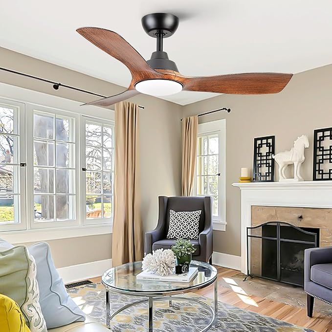 Sevenine Ceiling Fan with Light,Wood Brown Ceiling Fan,3 Blades,Downrod,6 Speed Adjustable,Dimmable LED,3 Timers,Reversible DC Motor, for Patio Living Room Bedroom Dining Room (Wood Brown, 42Inch)