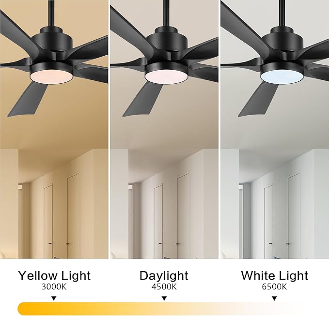 52" Modern Ceiling Fan with Light and Remote Control, 5 Solid Wood Blades 6-Speed Noiseless Reversible DC Motor, Ceiling Fan for Bedroom Dinning Living Room, Black