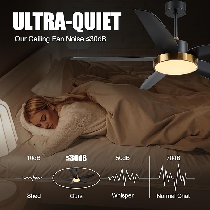 Modern Ceiling Fan with Light and Remote Control,56''Ceiling Fan with 3 Color Lights,Memory Function,5 Blades,6 Speeds,Outdoor Fan and Light for Living Room,Bedroom,Kitchen,Black Gold