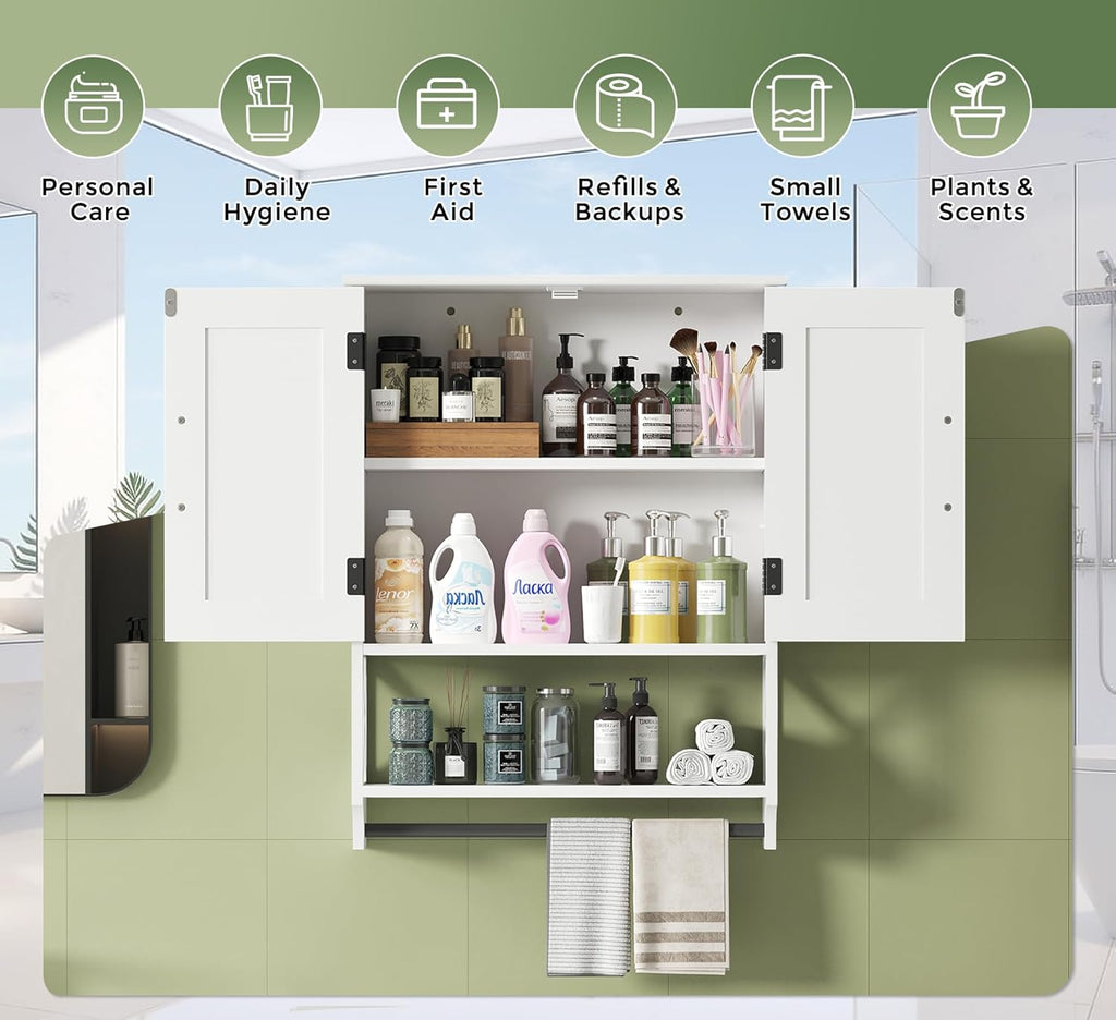Bathroom Cabinet Wall Mounted, White Bathroom Wall Cabinets with Towel Bar and 2 Doors, Wooden Medicine Cabinet with Adjustable Shelf, Open Storage