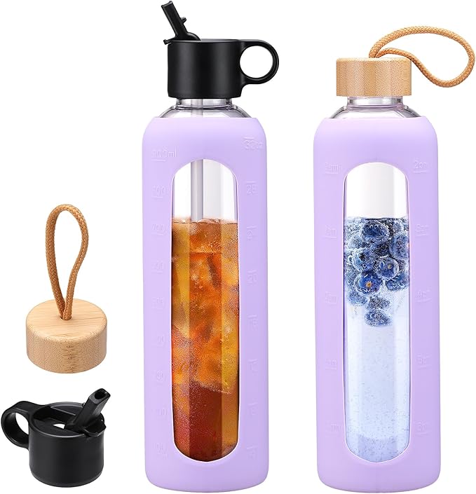 32oz Glass Water Bottle With 2 Lids-Flip Straw Lid, Bamboo Lid, Glass Water Bottle With Silicone Sleeve, Motivational Time Marker, Glass Juice Bottle for Cold Drink,Purple