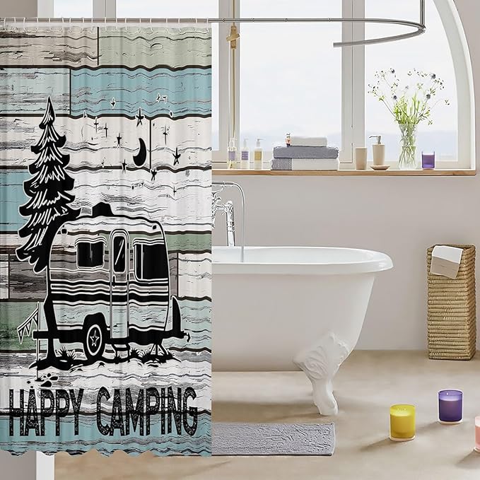 Feelyou Happy Camping Fabric Shower Curtain Shower Curtain Camper for Kids Boys Girls Rv Camping Bathroom Waterproof Accessories with 12 Hooks Rustic Vintage Farmhouse Style Curtains,72x78 Inches