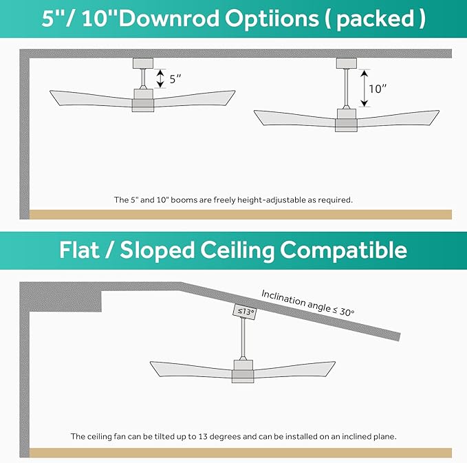 Sofucor 52" Ceiling Fans with Lights Remote Control, 3 Poles for Wave Modern Ceiling Fan with Remote, Outdoor Ceiling Fan for Patios with 6 Speeds and Dimming Lighting, Light Wood Grain