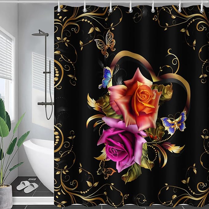 AILONEN Girls Rose Floral Shower Curtain 72" W*78" H for Bathroom, Gold Yellow Flower Butterfly Bathroom Curtain,Women Teen Girls Flower Bath Curtain Polyester Waterproof Bath Curtain with 12 Hooks