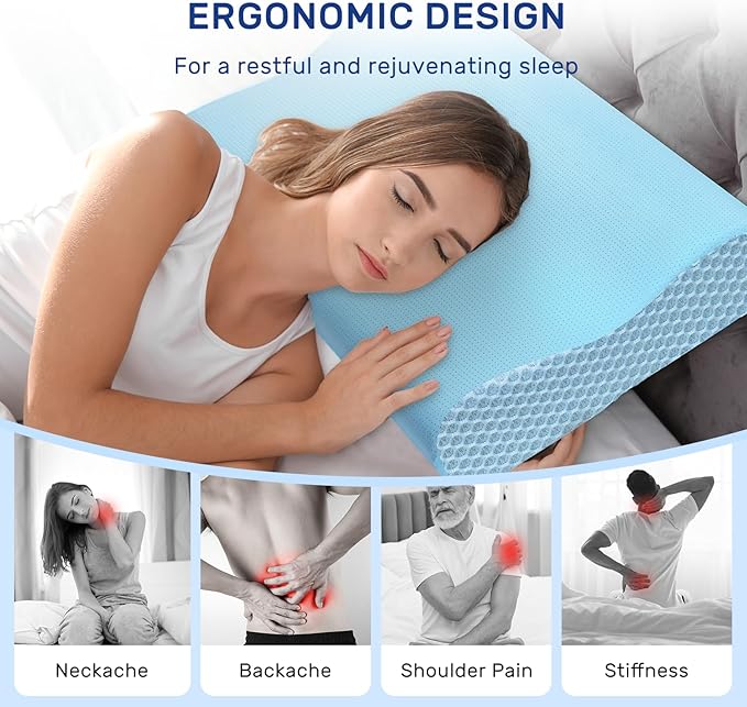 Neck Pillow Memory Foam pillows - Cooling Neck Support Pillow for Pain Relief, Ergonomic Cervical Pillow for Sleeping, Orthopedic Contour Bed Pillow for Side Back Stomach Sleepers-Blue