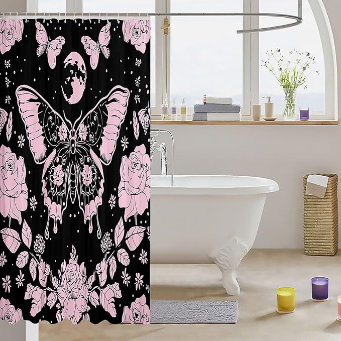 Feelyou Pink Butterfly Fabric Shower Curtain Cover Botanical Floral Shower Curtain for Kids Boys Girls Butterflies Bathroom Waterproof Accessories with 12 Hooks Flying Curtains,72x72 Inches