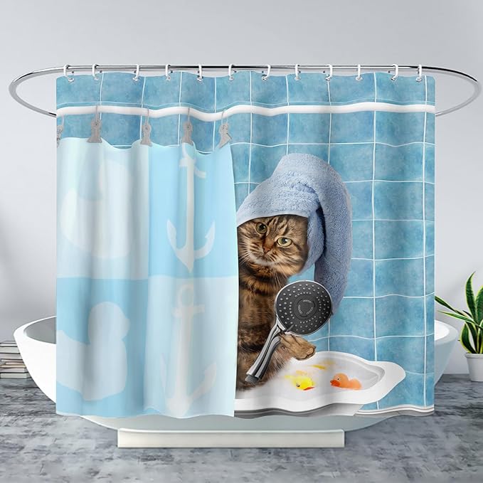 AILONEN Funny Cat Shower Curtain for Kids 72" W*84" H Inch,Cute Kitten Taking Shower Bathroom Curtain,12 Pack Hooks Polyester Waterproof Fabric Decor for Bathroom,Blue