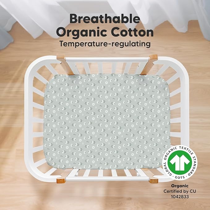 2-Pack Mini Crib Sheets Fitted, Pack and Play Sheets - Organic Cotton Pack N Play Sheets for Pack and Play Mattress, Playard Baby Crib Sheets, Jersey Crib Sheets Neutral for Boys, Girls (Daisies)