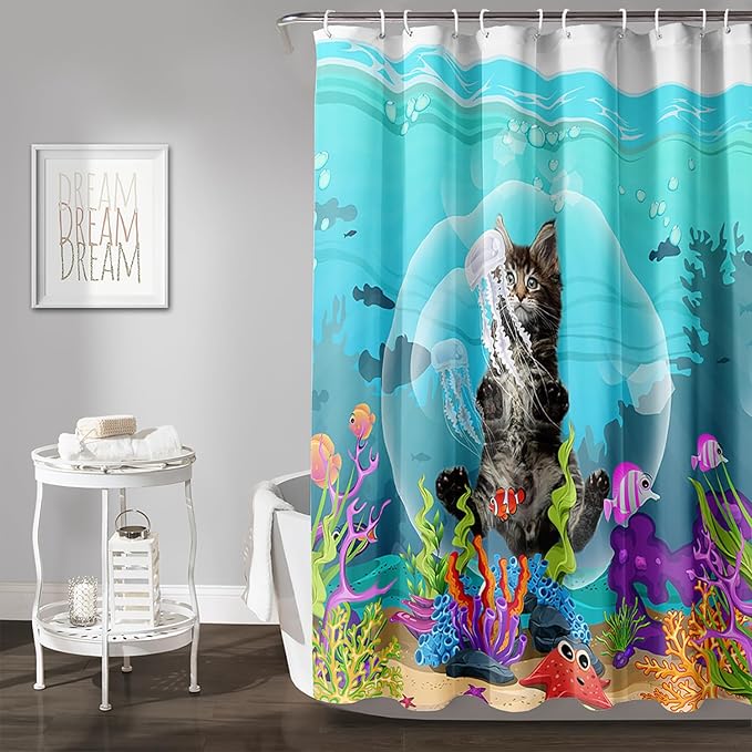 AILONEN Funny Cat Shower Curtain for Bathroom, Ocean Animal Print Shower Curtain, 72" W*78" H Waterproof Polyester Cat Lover Shower Curtain Decor Bathroom with Grommets and Hooks