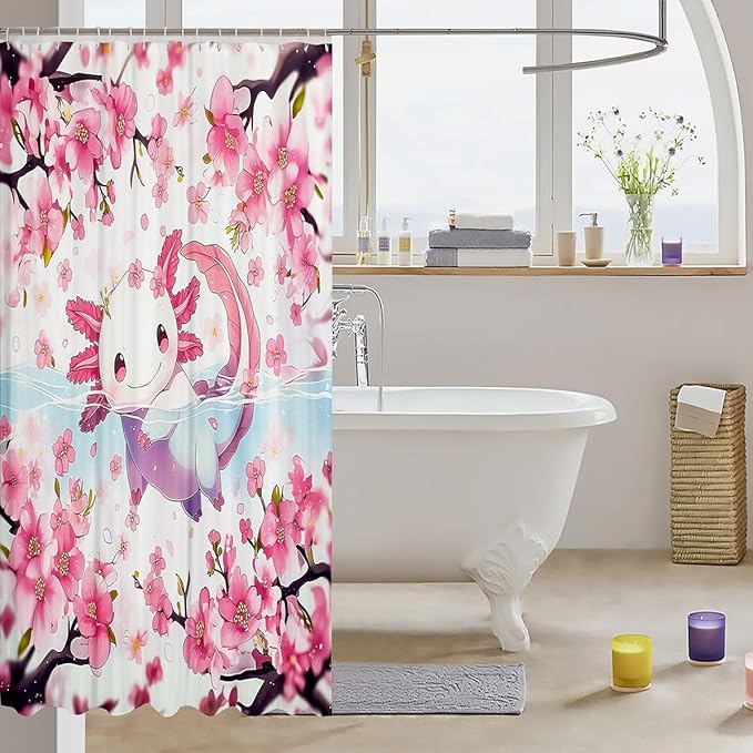 Feelyou Boys Girls Cute Axolotl Bathroom Shower Curtain Set Cartoon Salamander Bath Curtain Ocean Sealife Shower Curtain Kids Kawaii Teens Bathroom Accessories Room Decor 72"x72"