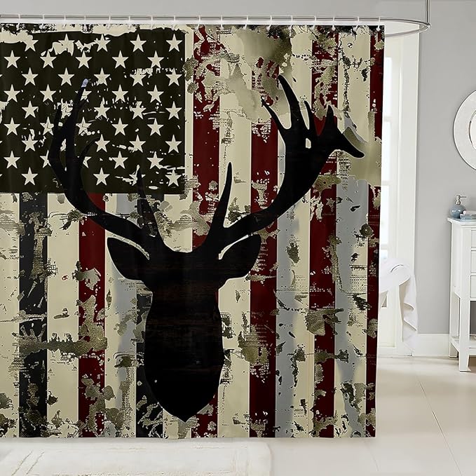 Feelyou Deer Bath Curtain Cute Deer Shower Curtain American Flag Bathroom Shower Curtain Set for Kids Boys Girls Deer Hunting Kids Bathroom Accessories 72"x72"