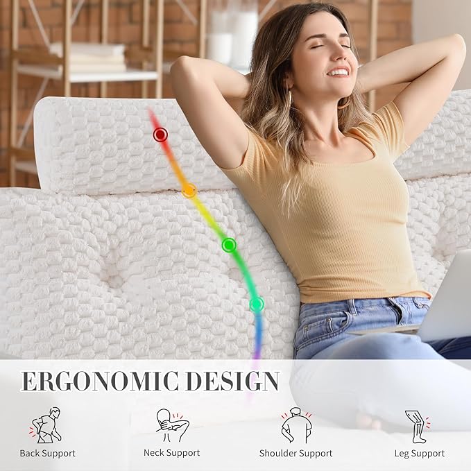 Wedge Headboard Pillow - Bed Wedge Pillow for Headboard Triangular Headboard Pillow with Neck Roll Pillow-Large Bolster Pillow for Sitting in Bed Backrest Positioning Support (White,59x8x20 Inches)