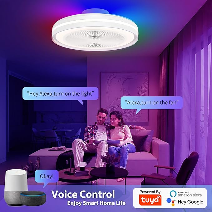 Bladeless Ceiling Fans with Lights, 20" Low Profile Ceiling Fan with Alexa/Google Assistant/APP Control 6 Speeds, Modern Flush Mount RGB Ceiling Fan LED Dimmable Light，White