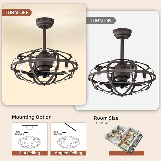 NicBex Ceiling Fan 20 Inch Indoor Industrial Ceiling Fan with Lights Ceiling Fans with 5 Blades and Remote Control Caged Ceiling Fan for Bedroom, Living Room, Matte Brown
